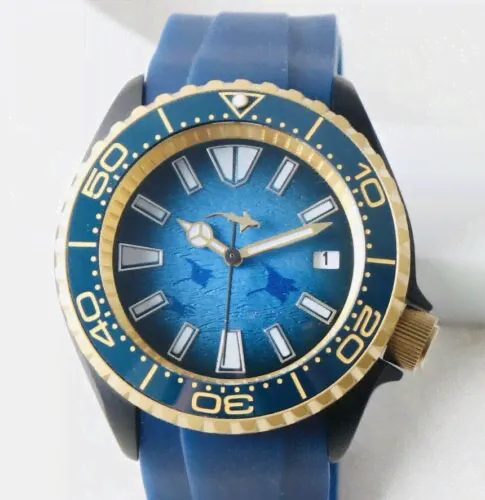 SEIKO NH35 CUSTOM MOD GOLD BLUE SHARK OCEAN Sapphire 100 M SKX 007-0
