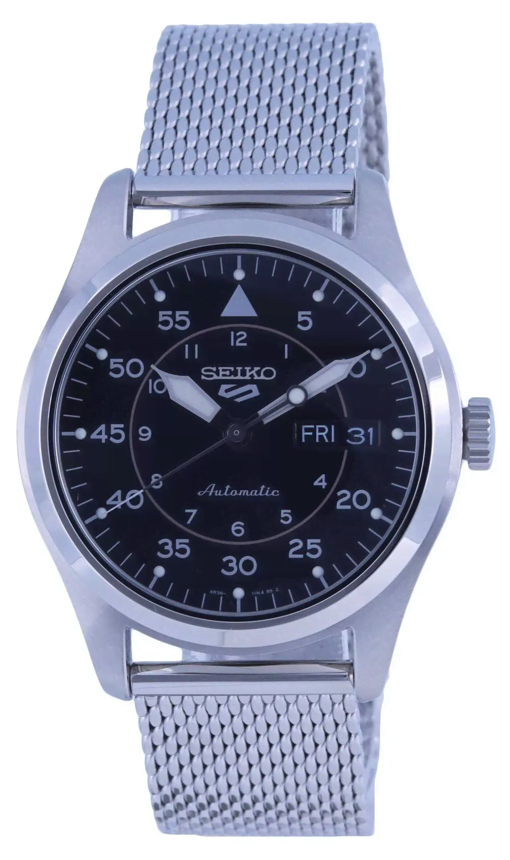 Seiko 5 Sports Flieger Сетка из нержавеющей стали с черным циферблатом Автоматические мужские часы SRPH23K1 100M-0